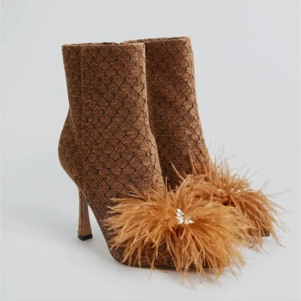 Sam Edelman Ency Feathered Ankle Booties Rhinestone Pointed Toe Brown Heeled 6.5